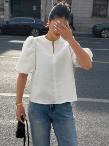 INAWLY 休闲泡泡袖衬衫，纯色
