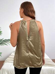 SHEIN Clasi Plus Size Fashionable Metal-Accent Halter Neck Blouse, Gold Top - Gold - View 2