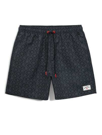 Manfinity KASUA 男士泳裤，腰部有抽绳，有安全口袋，轻盈四向弹力字母贴片，纯色，适合海滩度假，适合健身出街，黑色面料无弹力沙滩短裤，夏威夷风情