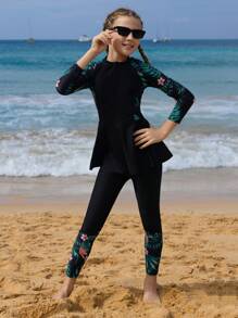 Tween Girls Coconut Palm Print Zipper Swimwear With Pants, Casual Beach Vacation Summer Holiday
