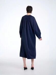 Aalyst 褶皱领衬衫裙，简约时尚休闲日常穿着 - 藏蓝色 - 查看 2