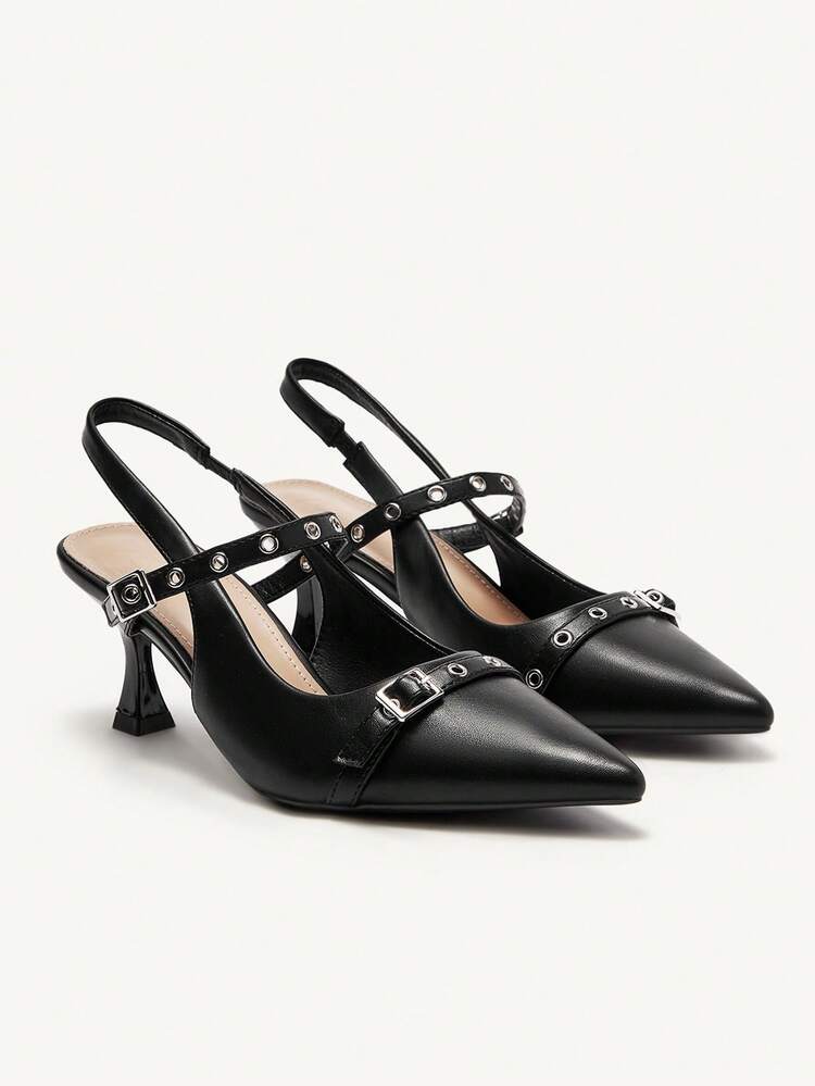 CUCCOO CHICEST Black Metal Buckle Pointed Toe Stiletto High Heel Pumps, Sexy Elegant Casual Vacation Party Date Night Dress Shoes Spring Shoes Spring Break Easter Prom Heels