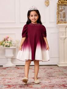 SHEIN 1pc Young Girls Woven Wine Red Round Neck Beaded Puff Sleeve Ruched Gradient Digital Print Dress With Invisible Zipper, Elegant Suitable For Party, Summer