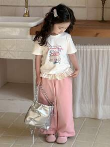 DAZY 2pcs Casual Young Girl Minimalist Short Sleeve T-Shirt And Pants Set For Daily Wear,Girls Summer Outfits