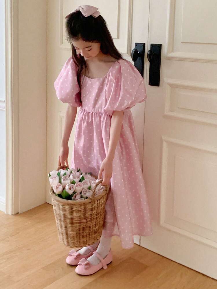 Tween Girl' Square Collar All-Over Print Woven Short Sleeve Dress, For Spring & Summer,Back To School Clothes