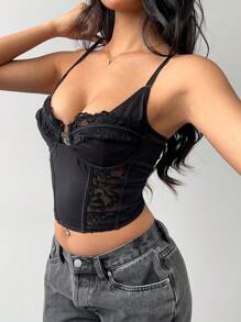Aloruh 女士黑色性感吊带背心蕾丝拼接胸罩杯紧身鱼骨衬里背心 - 黑色 - 查看 1