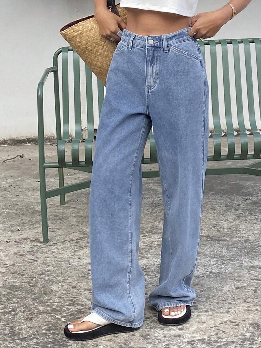 DAZY 女式带口袋直筒休闲牛仔裤 - 藍色 - 查看 1