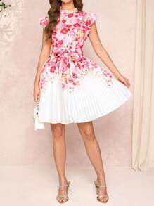 SHEIN Clasi Pink Romantic Floral Print Round Neck Cap Sleeve Tie Waist Pleated Hem Fitted Midi Dress For Women,Sun Dress Tea Party Dress Women Clothing Summer Summer Dresses For Women Summer Dresses For Women