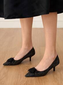 CUCCOO HITCHD 时尚优雅黑色蕾丝花朵尖头高跟鞋，适合新年、情人节、新娘、婚礼派对、约会、节日、庆典 - 黑色 - 查看 2