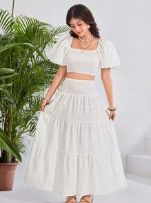 SHEIN Leap Crew Teen Girls Spring Summer White Puff Sleeve Cropped Top With High Waist A-Line Long Skirt Two-Piece Suit, Leisure Vacation Outfit Suitable For Wedding Season