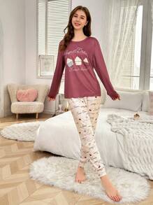 SHEIN 2 件青少年女孩休闲印花长袖上衣和裤子家居服套装，浅灰色-紫色 - 淺灰紫 - 查看 4