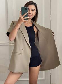 Livesso Blusa de manga corta, suelta y de unicolor, con estilo vintage casual, chaqueta de mujer para primavera y verano, blazer de mujer para ropa de trabajo y atuendo de negocios