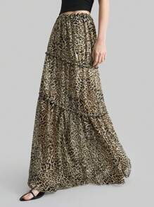 Ontre 女式豹纹 90 年代复古雪纺 A 字裙，休闲简约日常穿着 - 彩色 - 查看 3