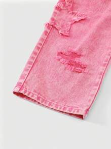 Denimly 女童休闲日常都市街头可爱星星刺绣不对称松紧腰拉链门襟直筒牛仔裤 - 粉色 - 查看 4