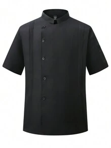 Manfinity Homme Men's Solid Color Stand Collar Short Sleeve Single-Breasted Chef Shirt, Short Sleeve Chef Jacket - Black - View 3