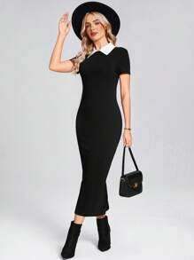 SHEIN LUNE Dames Polo Collar Color Block Elegante Zwarte Bodycon Zeemeerminjurk