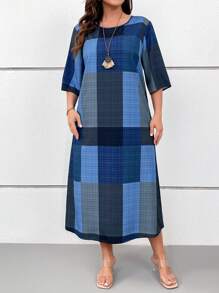 Linhara Váy suông dài vừa phải in họa tiết kẻ caro kỹ thuật số cỡ lớn cho nữ, cổ tròn tay 3/4, thường ngày/nghỉ dưỡng, xuân/hè - Nhiều màu - Xem 6