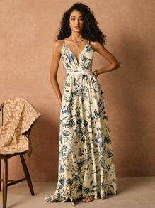 Poéselle Damen Allover Muster Träger mit Kreuzung am Rücken Rückenfreies Sommerkleid, Strandkleid lang, grünes Maxikleid, Vorder- und Rückseite V-Ausschnitt rückenfreies Boho Sommerkleid, Oversized Saum bodenlang Kleid