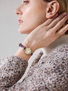 MOTF PREMIUM WOMEN'S FASHION MINIMALIST ELEGANT GOLD-TONE ROMAN NUMERAL WATCH - Brown - View 6