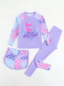 Tween Girl Vacation Beach Fish Scale Print Swimwear Set - Multicolor - View 7