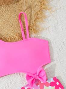 Tween Girl 纯色拼接蝴蝶结装饰可调节肩带连体泳衣，适合度假、海滩、游泳