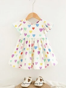 Cozy Pixies Vestido de cuello redondo con volantes y lazo grande en contraste para el Día de San Valentín, con estampado de corazones de colores para bebé niña - Azul - Ver 3