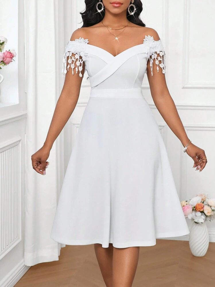 shein white dress off shoulder SHEIN VCAY Off Shoulder Ruffle Hem Dress, M1475281, White, L : Buy Online  at Best Price in KSA