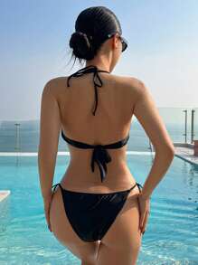 DAZY 女士露背胸罩和内裤黑色比基尼套装，休闲时尚，适合日常穿着，适合夏季海滩度假，Tankini 泳衣节日服装