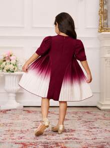 SHEIN 1pc Young Girls Woven Wine Red Round Neck Beaded Puff Sleeve Ruched Gradient Digital Print Dress With Invisible Zipper, Elegant Suitable For Party, Summer