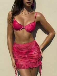 Swim SXY Conjunto de bikini de 3 piezas para mujer con top de tirantes finos con alambre, estampado floral aleatorio, tanga de bikini y falda de malla para el verano