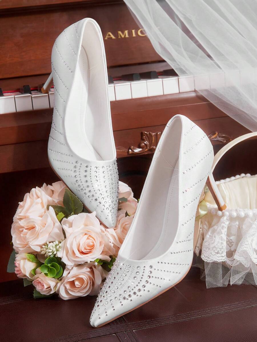 CUCCOO HITCHD White Rhinestone Bow Pointed Toe High Heel Pumps, Elegant For Commuting, Valentine's Day, Dating, Wedding Party Spring Shoes Spring Break Easter Prom Heels - White - View 1