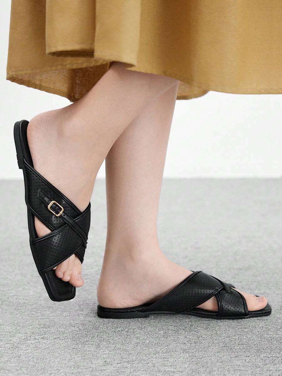 CUCCOO BIZCHIC 女士杏色平底拖鞋，简约时尚休闲日常穿着 - 黑色 - 查看 1