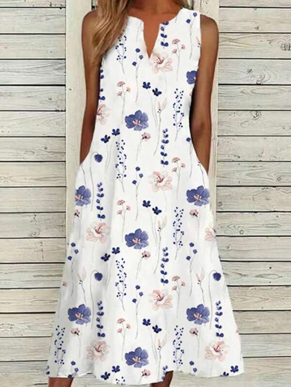 EMERY ROSE Women's Vacation Floral Print Notched V-Neckline Pocketed Long Casual Dress Maxi Women Outfit