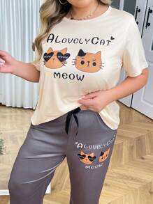 Conjunto de pijama de 2 piezas de camiseta de manga corta y pantalones con estampado de gatito lindo talla grande para mujer