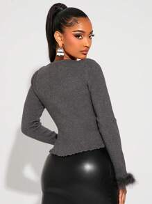 SHEIN SXY Floral Button Trimmed Solid Color Fitted Crop Cardigan With Fluffy Cuffs - Grey - View 2