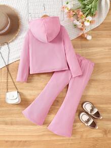 2 pièces Set mode jeune fille: Veste courte à capuche décontractée de couleur unie et pantalon long évasé