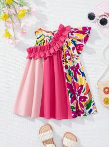 SHEIN Leap Crew Baby Girl Colorful Floral Print Ruffle Hem Sleeveless Casual Vacation Dress, Summer - Hot Pink - View 1