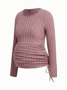 Modmama Maternity Casual Solid Color Ribbed Side Drawstring Long Sleeve T-Shirt, Autumn - Multicolor - View 7