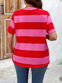 SHEIN LUNE 大码女式 V 领条纹休闲夏季 T 恤