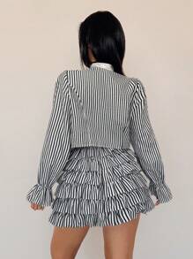 Celure Plus Size Women 2pcs Set: Striped Bowknot Blouse & Cake Skirt