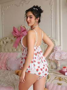 PetitDoll 2pcs/Set Cute Strawberry Print Lace Patchwork Women Longline Lingerie Set
