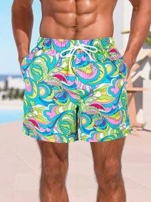 Manfinity Men's Front Tie Pocket Print Shorts, Simple Design Casual Vacation