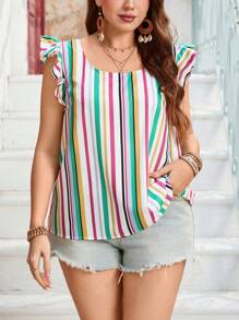 SHEIN Clasi Blusa informal con cuello redondo y mangas cortas abullonadas para mujeres de tallas grandes a rayas - Multicolor - Ver 4
