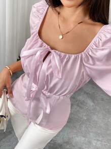 Elenzga Women's Spring/Summer Square Neck Elegant Bowknot Cuffed Sleeve Blouse