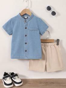 Souflis Souflis 2 Stücke Set Lässiges reines Jeans Hemd und Sport Shorts Outfit, geeignet für Outdoor-Aktivitäten - Blau - Übersicht 3