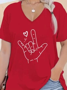 SHEIN LUNE Plus Size V-Neck Heart Hand Gesture Pattern Fashion Summer T-Shirt, Valentine's Day - Red - View 1