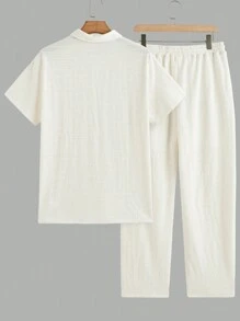 Manfinity VCAY 2 件套男士修身翻领短袖休闲 Polo 衫套装，适合日常穿着 - 米色 - 查看 2