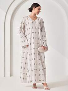 Veilorie Modest Casual Pleated Floral Print Women's Abaya, Turkish Dress, Extra Long Dress, Kaftan & Jalabiya - Apricot - View 3