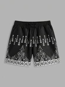 Manfinity RSRT Eid Mubarak  Ramadan Men's Floral Print Drawstring Waist Shorts - Black - View 5