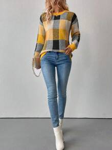SHEIN LUNE Women's Plaid Drop Shoulder Long Sleeve Casual Pullover Sweater, Autumn/Winter